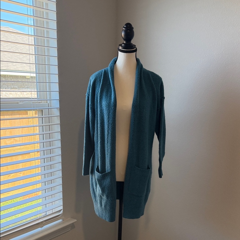 revamped blue long open sweater with pockets size XS/S small